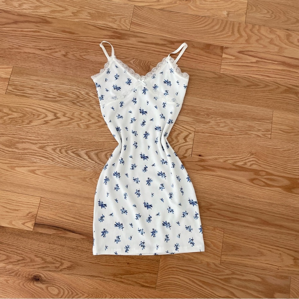 Floral White and Blue Slip Dress